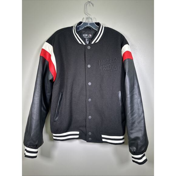 FOREVER 21 x Hello Kitty Striped Black Red Moto Varsity Jacket Small Varsity - Picture 2 of 12